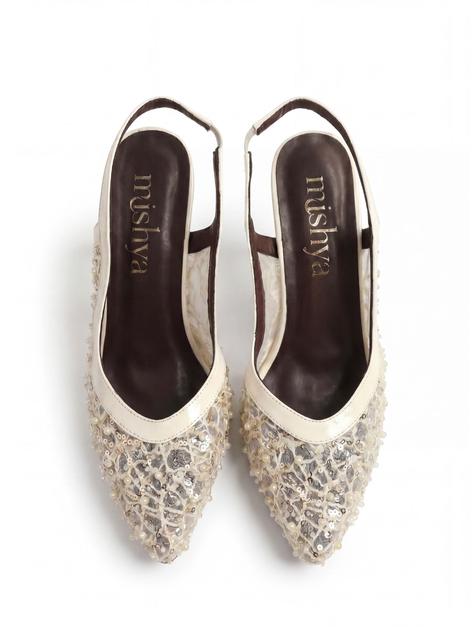 Beaded Lace Bridal Slingbacks 7cm in Beige
