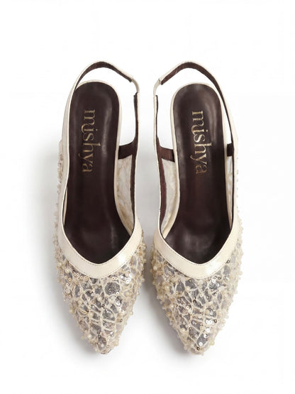 Beaded Lace Bridal Slingbacks 7cm in Beige