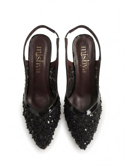 Beaded Lace Bridal Slingbacks 7cm in Black