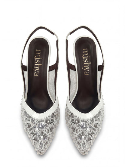 Beaded Lace Bridal Slingbacks 7cm in White
