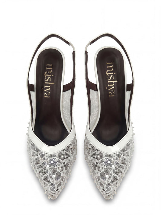 Beaded Lace Bridal Slingbacks 7cm in White