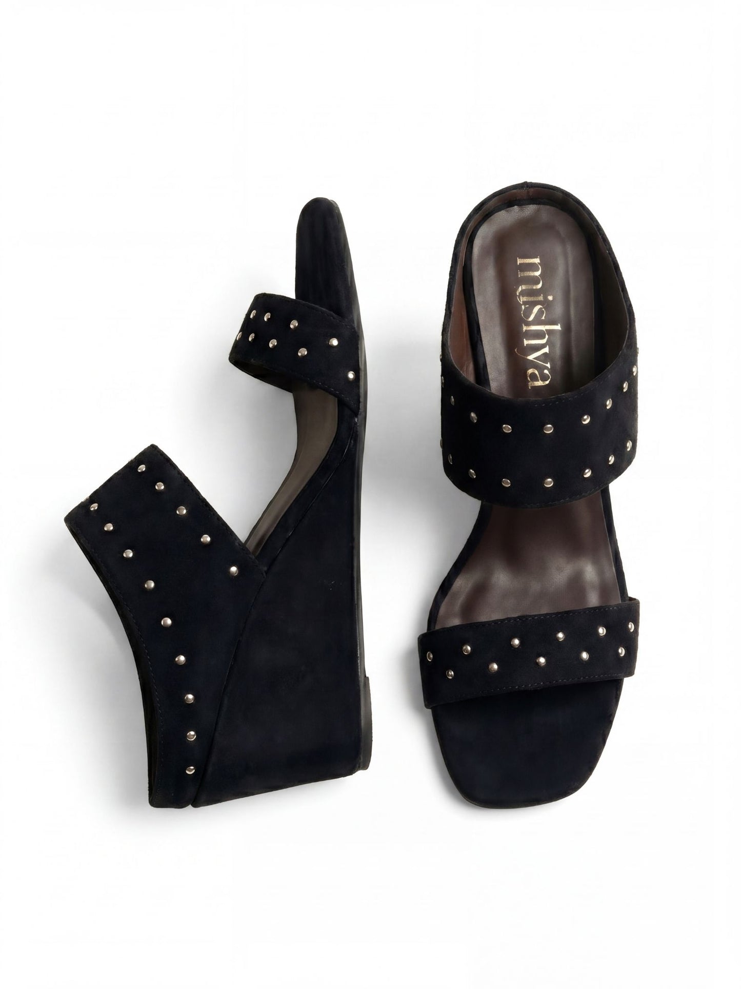 Studded Suede Wedge Sandals 8cm in Black