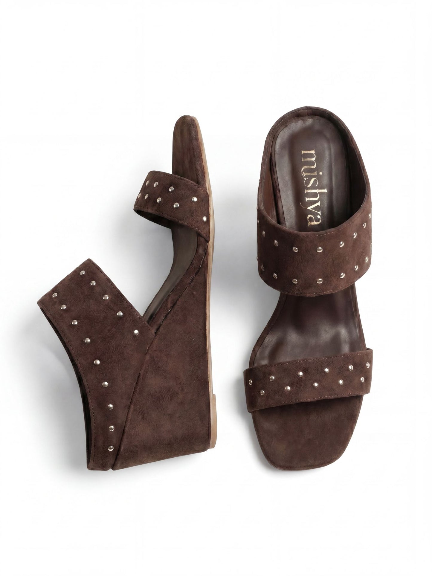 Studded Suede Wedge Sandals 8cm in Brown