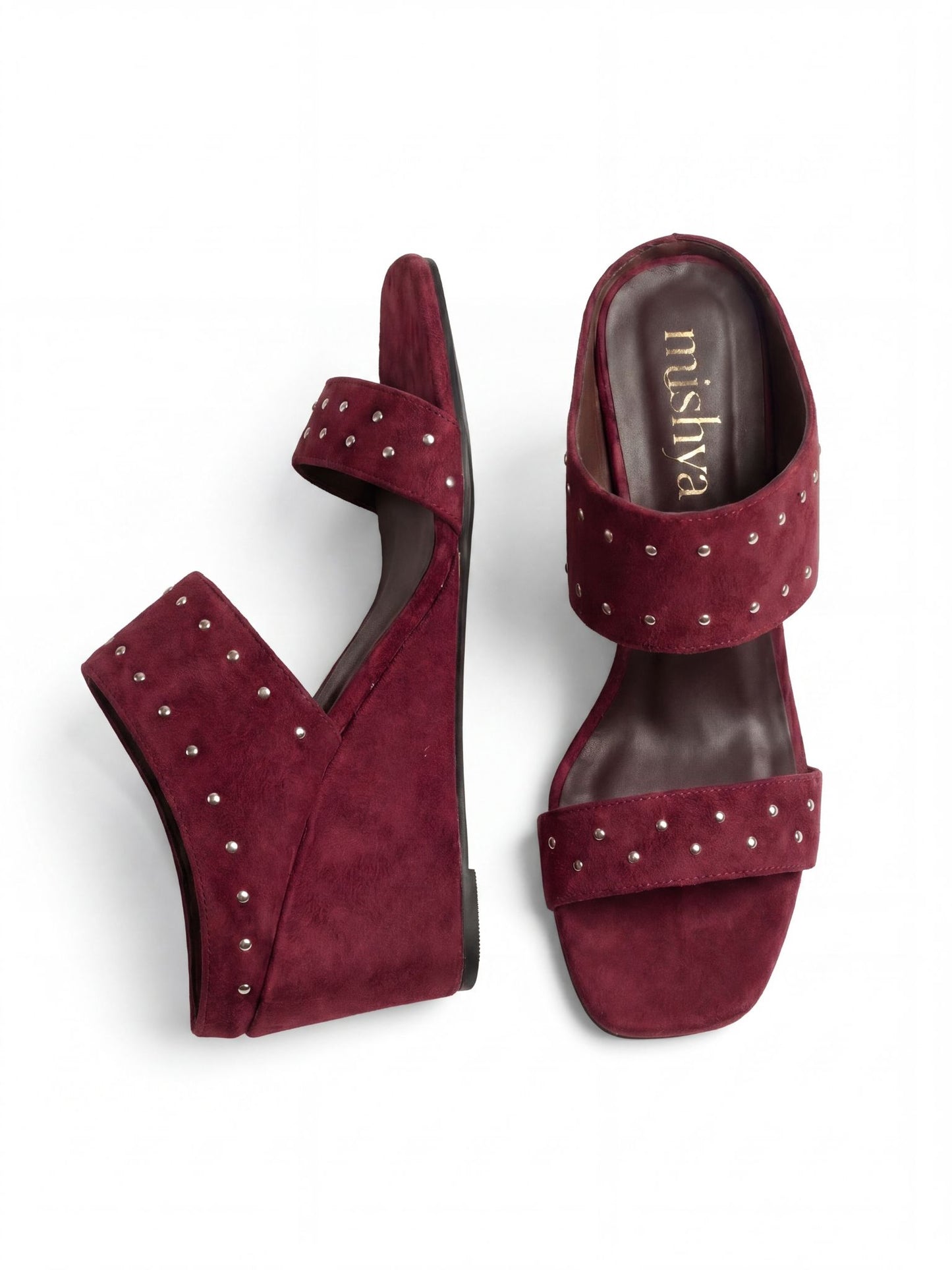 Studded Suede Wedge Sandals 8cm in Burgundy