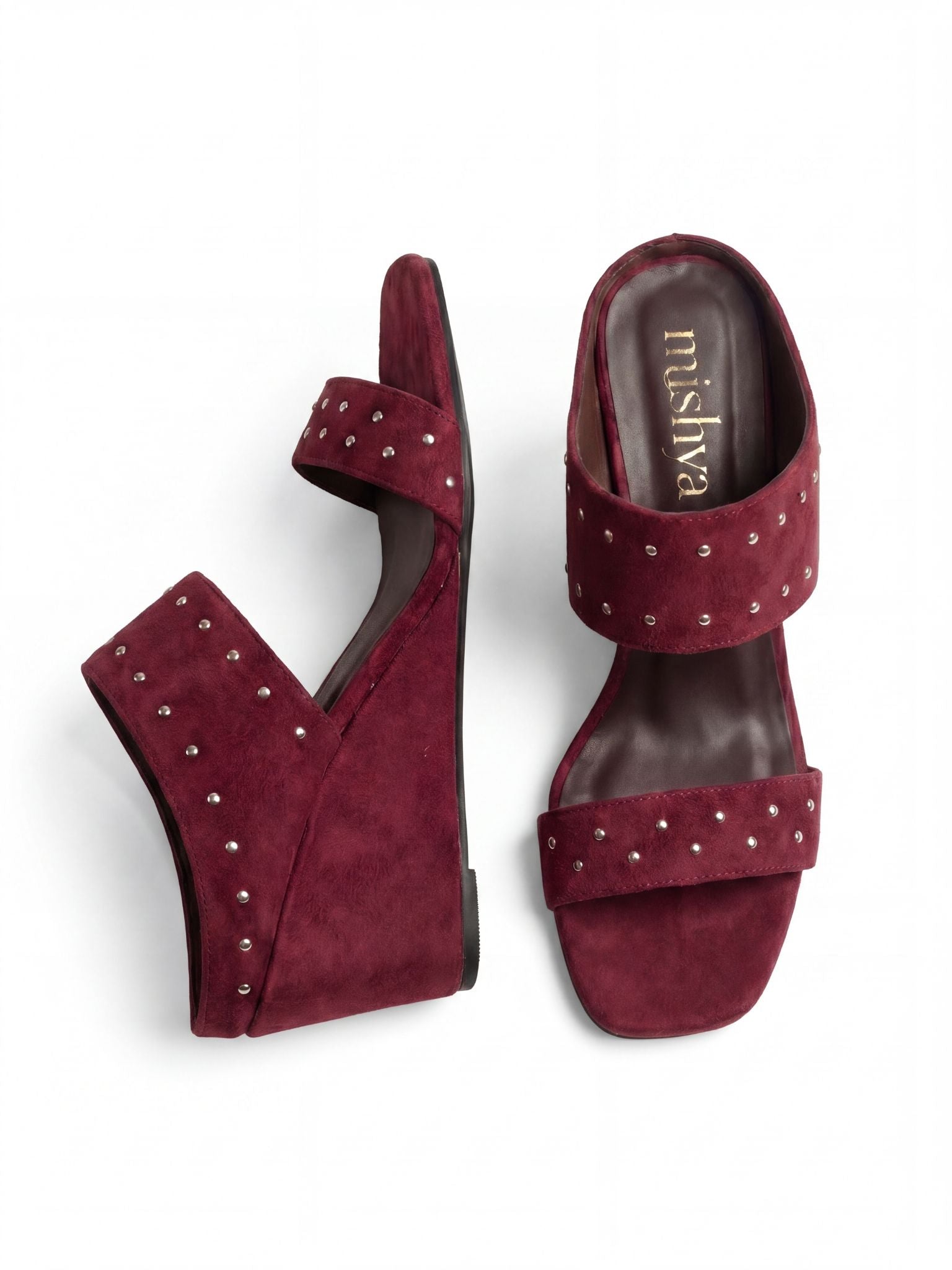 Studded Suede Wedge Sandals 8cm in Burgundy