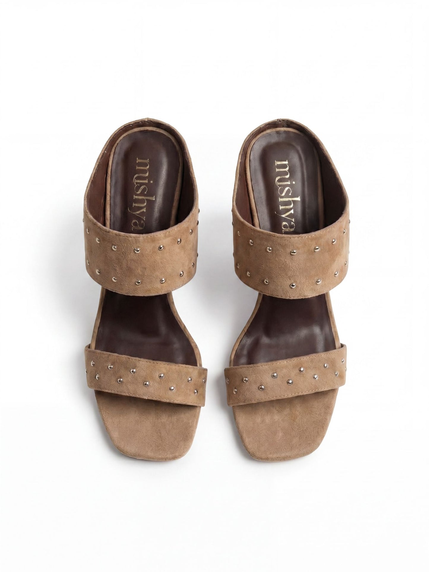 Studded Suede Wedge Sandals 8cm in Café