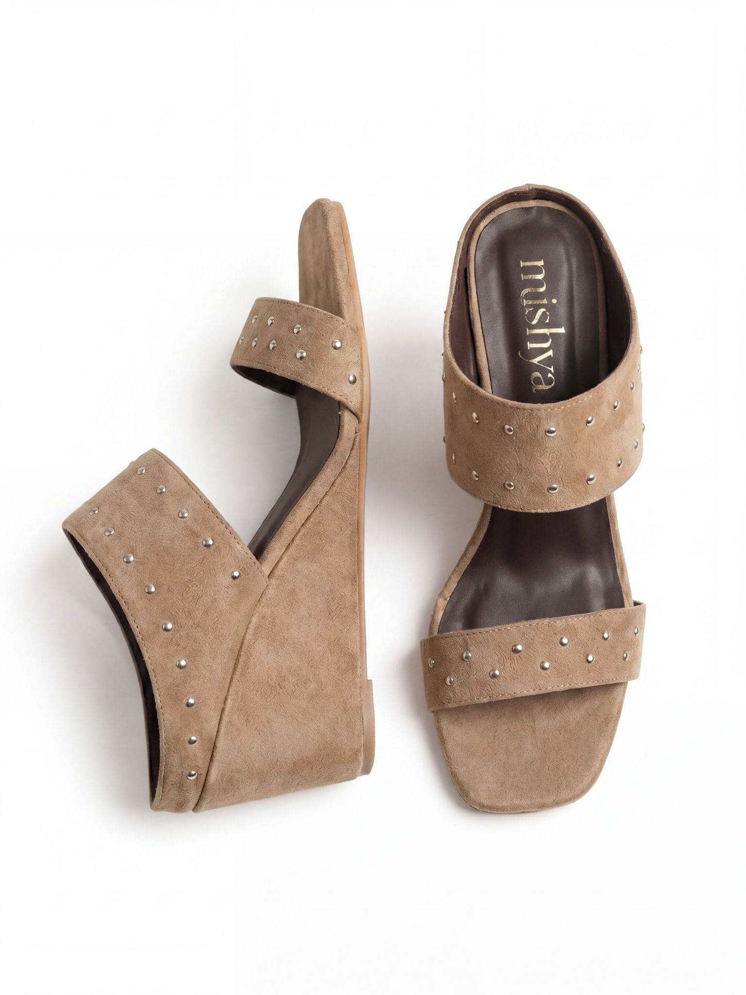 Studded Suede Wedge Sandals 8cm in Café