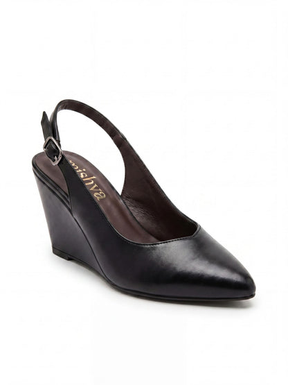 Pointed-Toe Leather Wedge Slingbacks 8cm in Black