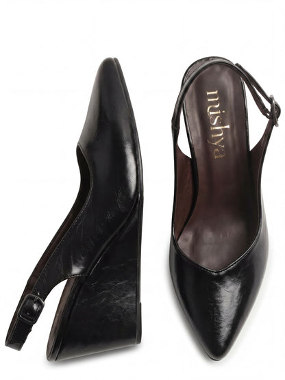 Pointed-Toe Leather Wedge Slingbacks 8cm in Black