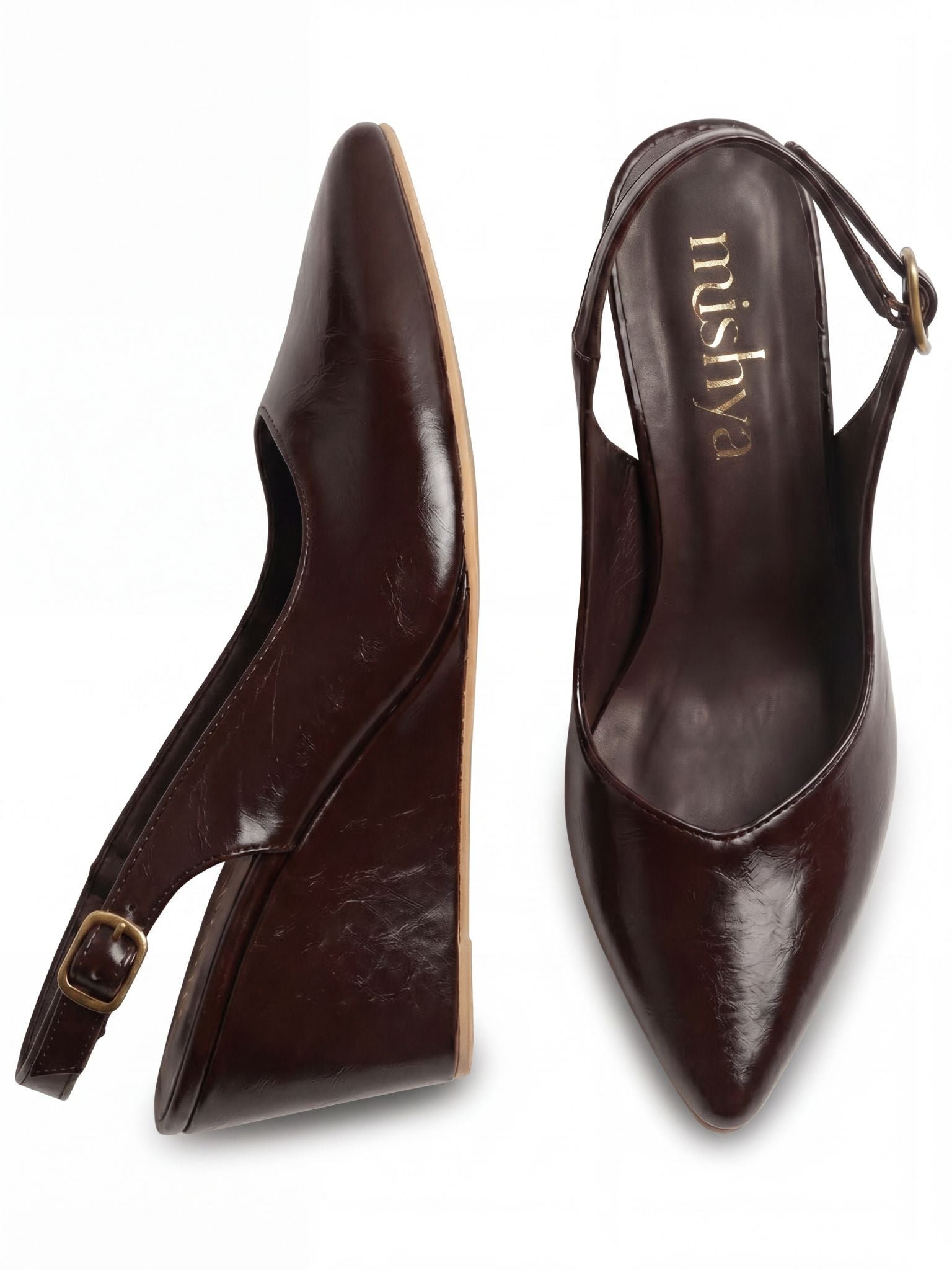 Pointed-Toe Leather Wedge Slingbacks 8cm in Brown