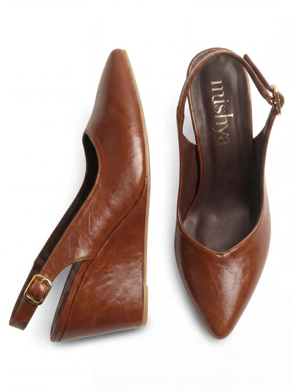 Pointed-Toe Leather Wedge Slingbacks 8cm in Camel