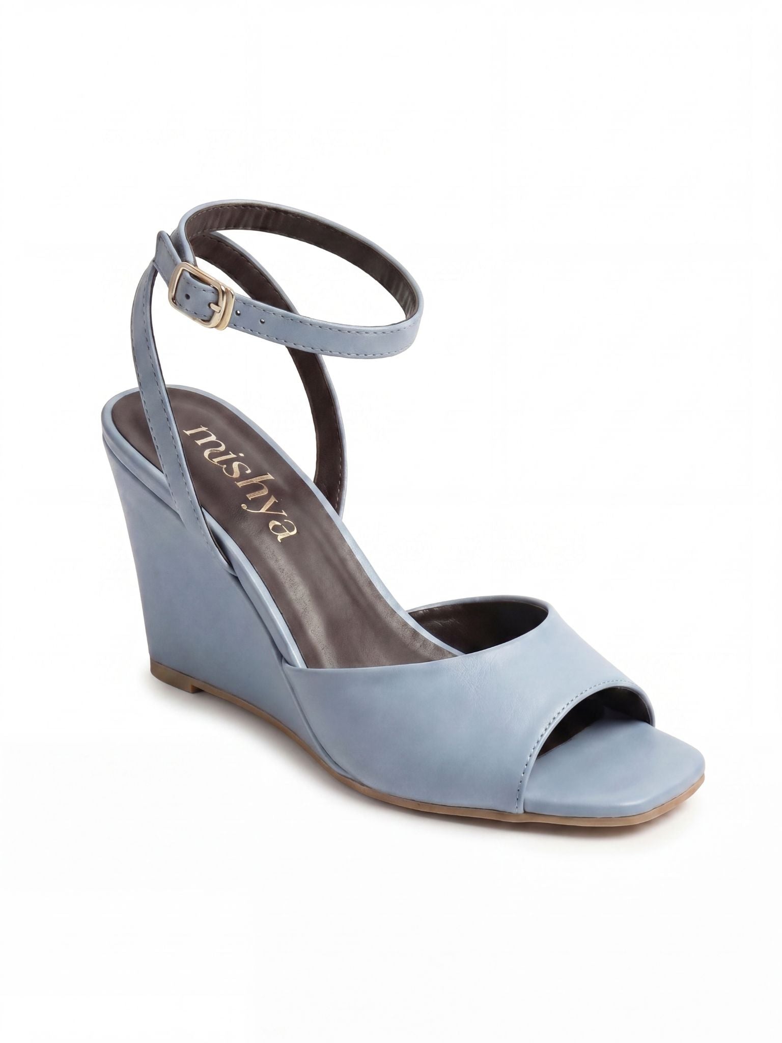 Leather Wedge Sandals 8cm in Baby Blue